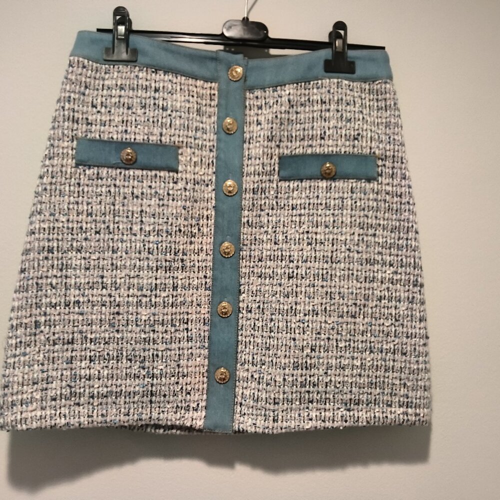 Orsay Mini Skirt with Denim Trim Pink and Blue Pattern Size 38